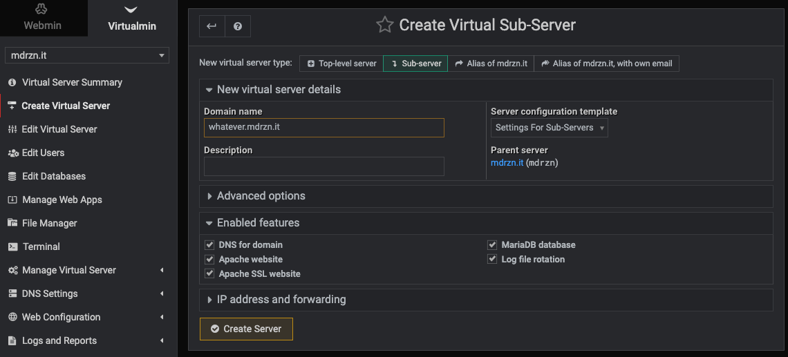 Creating a new subdomain in Virtualmin